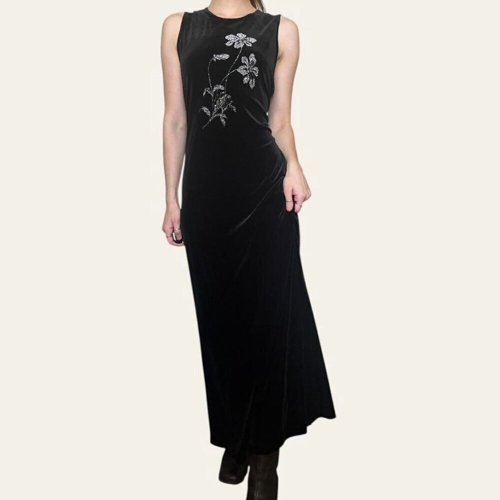 Ronni Nicole Ouida 80s/90s vintage black velvet glitter floral maxi dress small